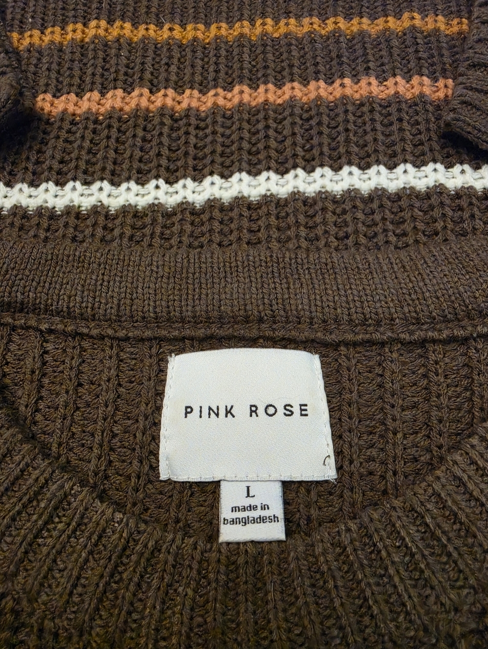 Pink Rose Brown Crew Neck Sweater Ribbed Knit Size Large